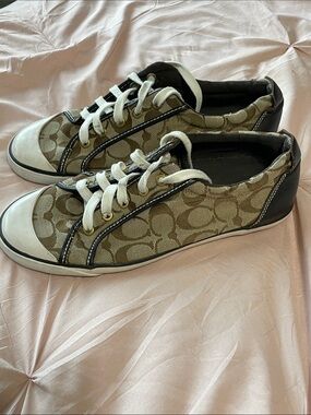 Coach Barrett Khaki Monogram Canvas Sneakers Leather Black Trim Size 10.5